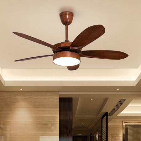 King's Cross (132 cm Span, Teak Finish Metal Body, Teak Finish ABS Blades) Dimmable LED With Remote Control Chandelier Ceiling Fan