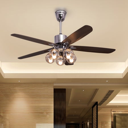 Bond Street (137 cm Span, Chrome Finish Metal Body, Walnut Finish ABS Blades) Chandelier Ceiling Fan