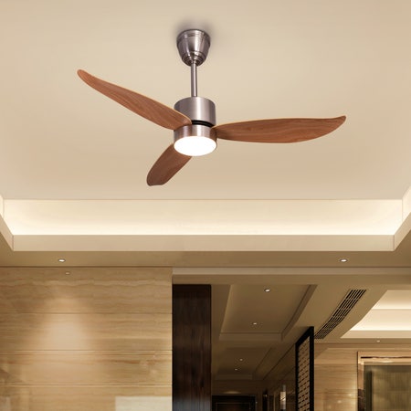 Paddington (122 cm Span, Chrome Finish Metal Body, Maple Wood Finish ABS Blades) Dimmable LED With Remote Control Ceiling Fan