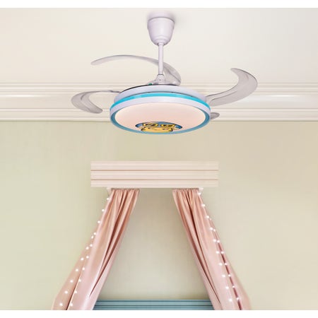 Cherished Childhood (Kids' Room 112 cm Span, Glossy Aqua Blue-White Finish Metal Body, Transparent Plastic Blades) Dimmable LED with Remote Control Ceiling Fan