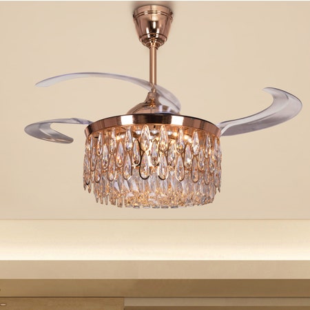 Flight Of Fancy (112 cm Span, Matte Gold Finish Metal Body, Transparent ABS Blades) Dimmable LEd With Remote Control Crystal Chandelier Ceiling Fan