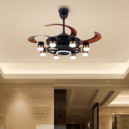 Into The Night (112 cm Span, Matte Black Metal Body, Translucent Coffee ABS Blades) 3 Color LED Chandelier Ceiling Fan