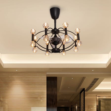 Magnified (56 cm Span, Matte Black Finished Metal Body, Transparent ABS Blades) Crystal Chandelier Ceiling Fan