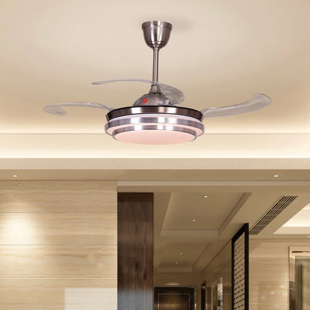 Love Note (112 cm Span, Chrome Finish Metal Body, Translucent ABS Blades) Dimmable LED With Remote Control Ceiling Fan