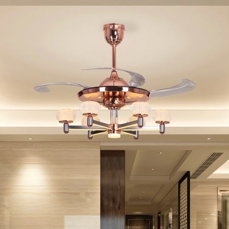 Scenic Road (112 cm Span, Rose-Gold Finish Metal Body, Translucent ABS Blades) 3 Color LED With Remote Control Crystal Chandelier Ceiling Fan