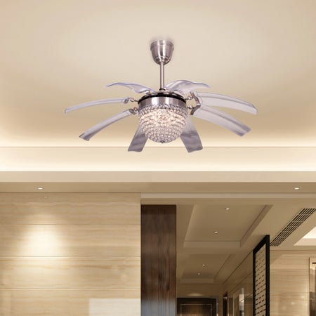 Blowing In The Wind (112 cm Span, Chrome Finish Metal Body, Transparent ABS) Dimmable LED Crystal Chandelier Ceiling Fan