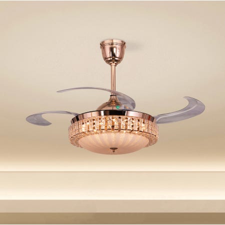 Fly Far (112 cm Span, French Gold Finish Metal Body, Transparent ABS) Dimmable LED With Remote Control Crystal Chandelier Ceiling Fan