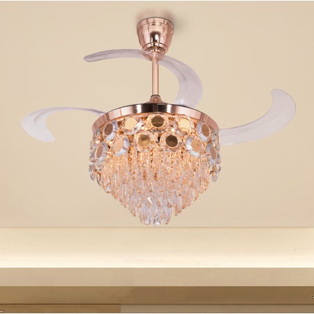 Flight Of Fantasy (112 cm Span, French Gold Finish Metal Body, Transparent ABS) Dimmable LED With Remote Control Crystal Chandelier Ceiling Fan