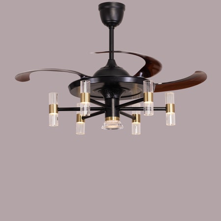 Plus One (112 cm Span, Matte Black Finish Metal Body, Transparent ABS) 3 Color LED Chandelier Ceiling Fan