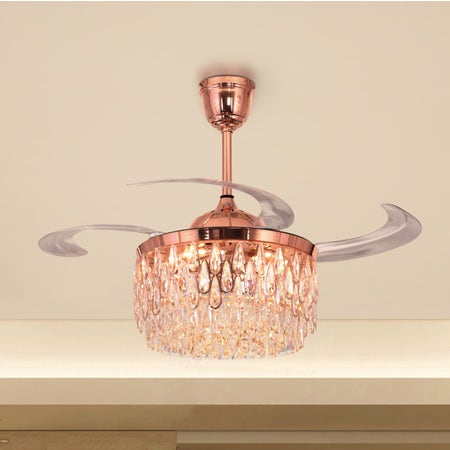 Flight Of Fancy (112 cm Span, Rose Gold Finish Metal Body, Transparent ABS Blades) Dimmable LED With Remote Control Crystal Chandelier Ceiling Fan