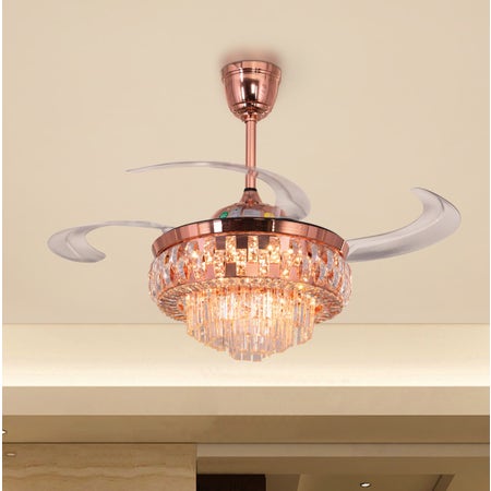 Major Missing (112 cm Span, Rose Gold Finish Metal Body, Transparent ABS Blades) Dimmable LED With Remote Control Crystal Chandelier Ceiling Fan