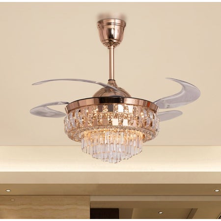 Major Missing (112 cm Span, Matte Gold Finish Metal Body, Transparent ABS Blades) Dimmable LED With Remote Control Crystal Chandelier Ceiling Fan