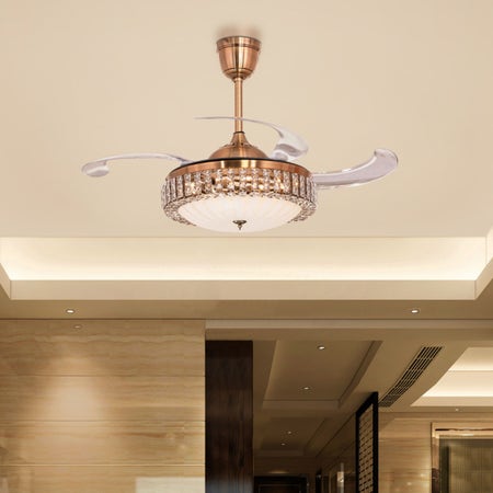 Fly Far (112 cm Span, Bronze Gold Finish Metal Body, Transparent ABS) Dimmable LED With Remote Control Crystal Chandelier Ceiling Fan