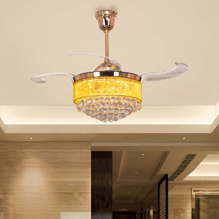 Drop Dead Gorgeous (112 cm Span, Gold Finish Metal Body, Transparent ABS Blades) Dimmable LED With Remote Control Crystal Chandelier Ceiling Fan