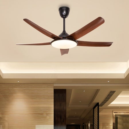 Riverdale (135 cm Span, Black Finish Metal Body, Teak Wood Finish ABS Blades) Dimmable LED With Remote Control Ceiling Fan