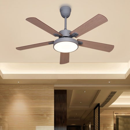 Hilltop (132 cm Span, Grey Finish Metal Body, Walnut Finish Solid Wood Blades) Dimmable LED With Remote Control Ceiling Fan