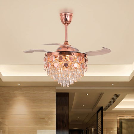 Flight Of Fantasy (112 cm Span, Rose Gold Finish Metal Body, Transparent ABS Blades) Dimmable LED With Remote Control Crystal Chandelier Ceiling Fan