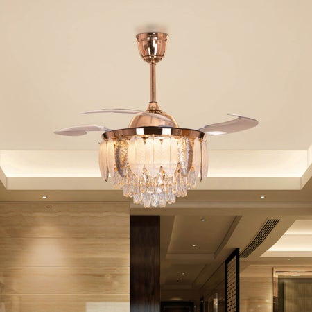 Silver Lining (112 cm Span, Matte Gold Finish Metal Body, Transparent ABS Blades) Dimmable LED With Remote Control Crystal Chandelier Ceiling Fan