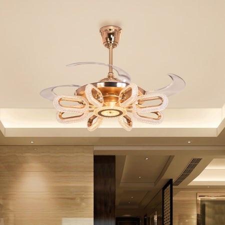 Glowed Up (112 cm Span, Matte Gold Finish Metal Body, Transparent ABS Blades) Dimmable LED With Remote Control Crystal Chandelier Ceiling Fan