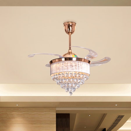 Drop Dead Gorgeous (112 cm Span, Matte Gold Finish Metal Body, Transparent ABS Blades) Dimmable LED With Remote Control Crystal Chandelier Ceiling Fan