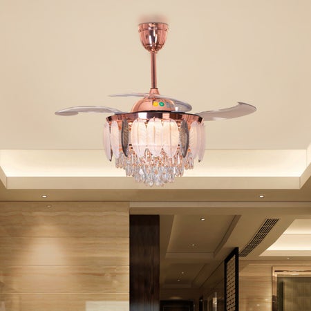 Silver Lining (112 cm Span, Rose Gold Finish Metal Body, Transparent ABS Blades) Dimmable LED With Remote Control Crystal Chandelier Ceiling Fan