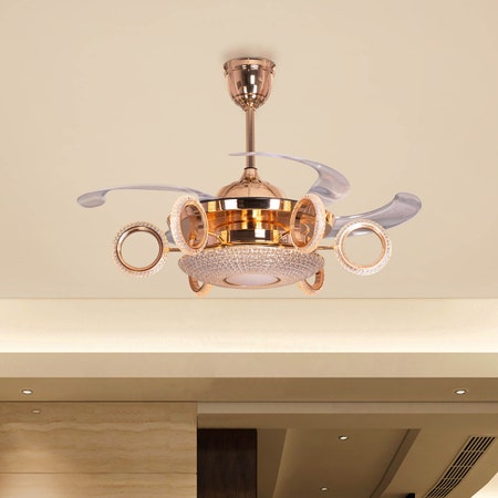 Champagne Eyes (112 cm Span, Matte Gold Finish Metal Body, Transparent ABS Blades) Dimmable LED With Remote Control Chandelier Ceiling Fan