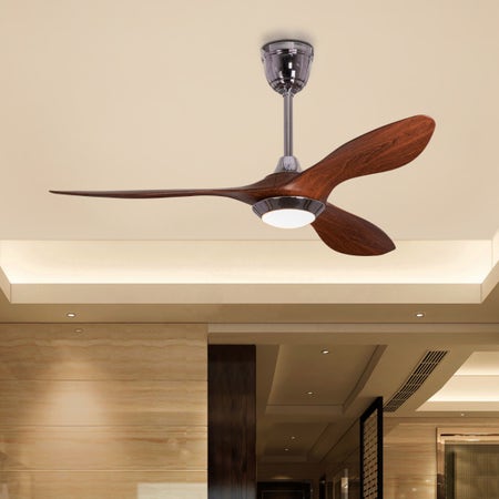 Bodrum Beauty (132 cm Span, Chrome Finish Metal Body, Teakwood Finish ABS Blades) Dimmable LED With Remote Control Ceiling Fan