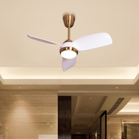 White Meadows (110 cm Span, Gold Finish Metal Body, White Finish ABS Blades) Dimmable LED With Remote Control Ceiling Fan