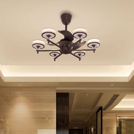 The Works (56 cm Span, Walnut Finish Metal Body, Plastic Finish Blades) LED Chandelier Ceiling Fan