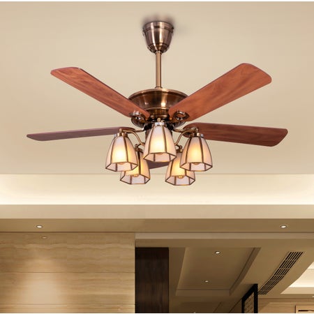 Finishing Touch (122 cm Span, Gold Plated Body, Teak Finish MDF Blades) Chandelier Ceiling Fan