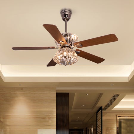 Embellished (132 cm Span, Chrome Finish Metal Body, Mahogany Finish Wooden Blade) Crystal Chandelier Ceiling Fan