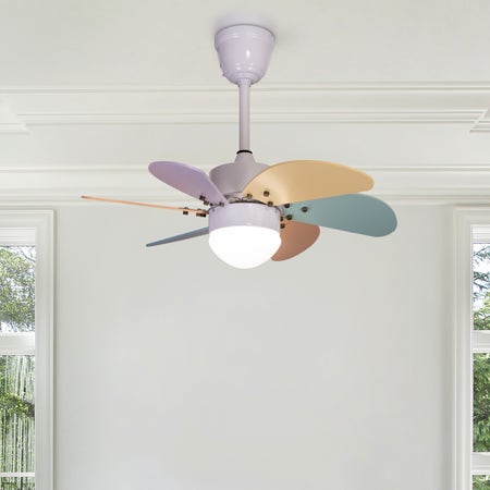 Over The Rainbow (Kids' Room 76 cm Span, White Metal Body, Multi-Coloured MDF Wood) Dimmable LED with Remote Control Ceiling Fan