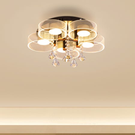 Meet And Greet (Gold, Dimmable LED with Remote Control, 5 Head) Crystal Ceiling Light