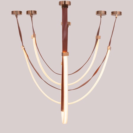 Buckle Up (Large, Brown, White, 3 Color Built-In LED) Leather Chandelier