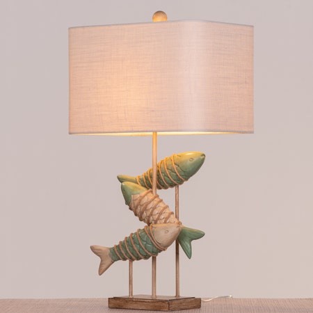 Something Fishy (Green, Beige) Wooden Table Lamp